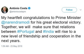 Prime Minister H.E. Dr. Antonio Costa's congratulatory message to Prime Minister H.E. Shri. Narendra Modi on his electoral victory (23.05.2019)