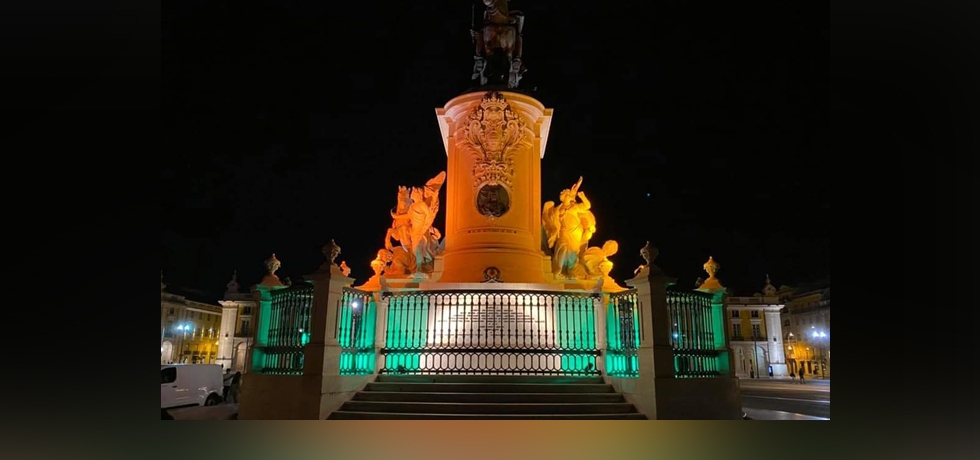 D. José I (King Joseph I of Portugal) Statue in the Praça do Comércio illuminated with the Indian tricolour